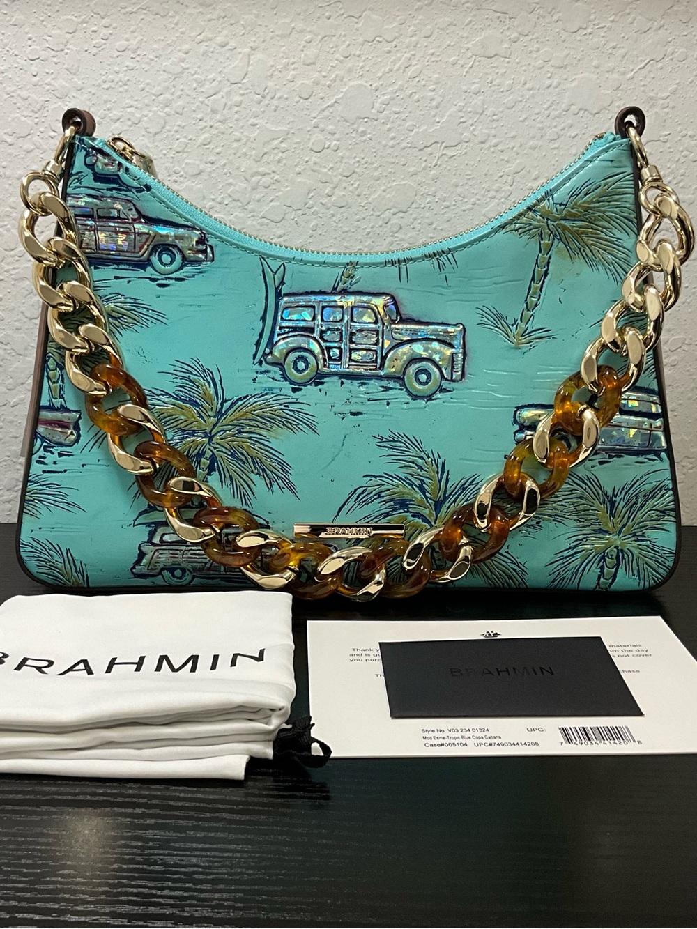 Brahmin Mod Esme TROPIC BLUE COPA CABANA Cars / Palm Trees NWT